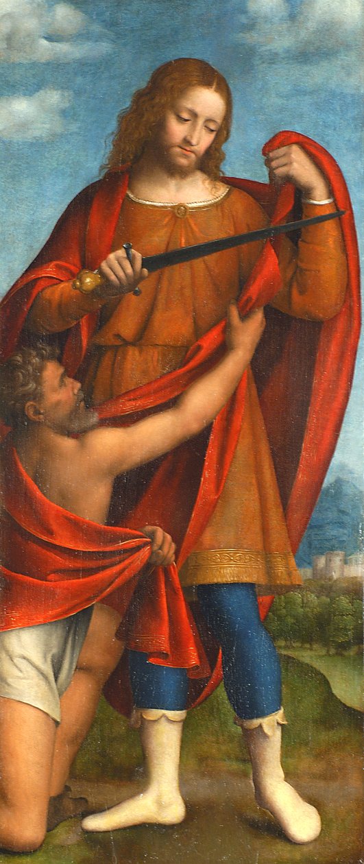Pyhä Martin jakamassa viittaansa kerjäläisen kanssa, 1520-22 (tempera kartongille). tekijältä Bernardino Luini