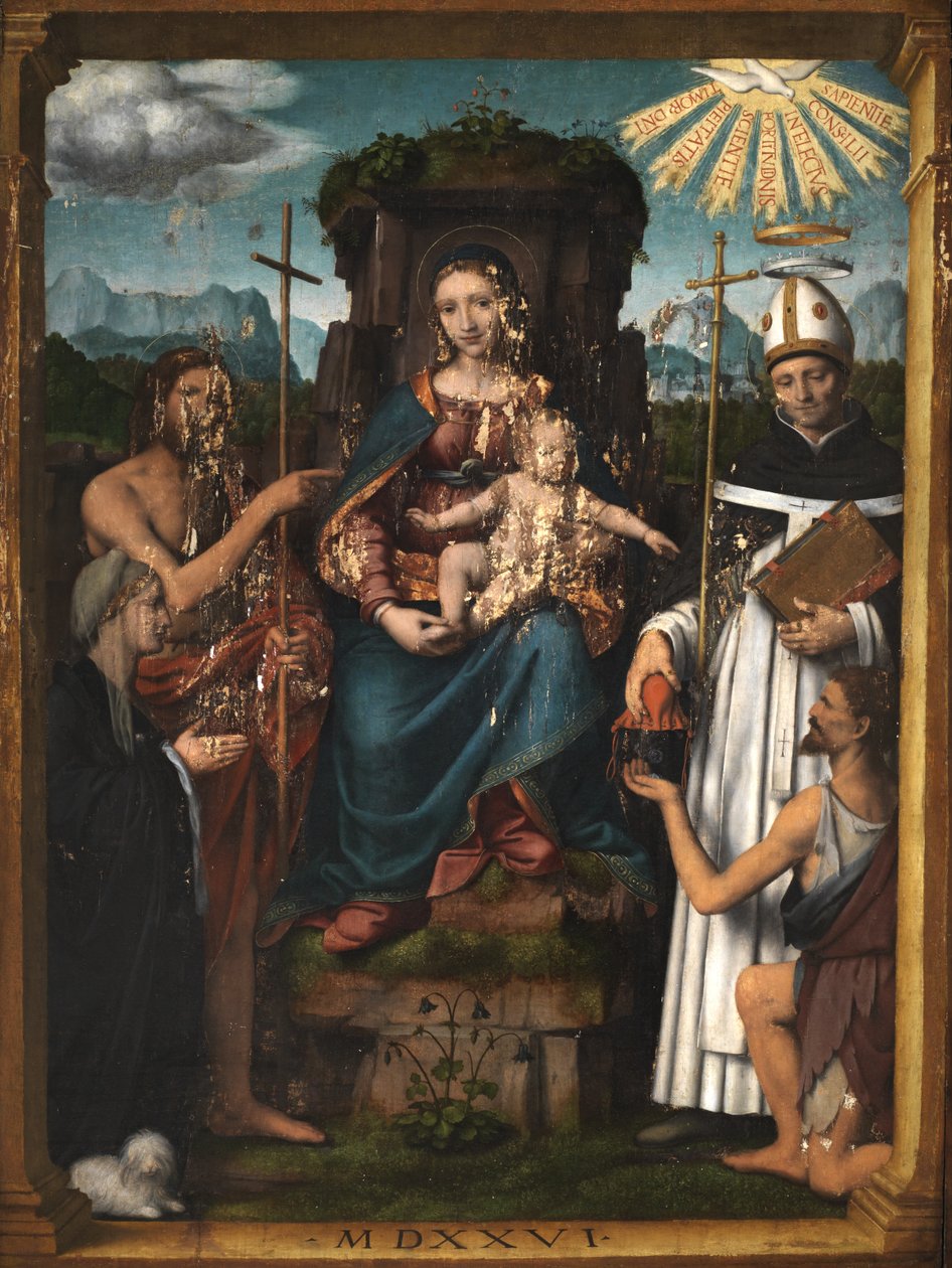 Neitsyt ja lapsi valtaistuimella Pyhän Johannes Kastajan, Pyhän Antoninuksen, naispuolisen luovuttajan ja kerjäläisen kanssa, 1526 tekijältä Bernardino Luini