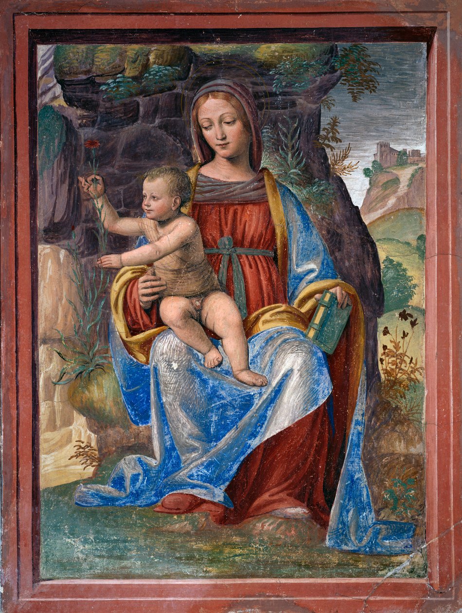 Neitsyt ja lapsi, fresko Bernardino Luinin (n. 1480-n. 1532), Lavabo Room or Vestry, Lombardia, Italia tekijältä Bernardino Luini