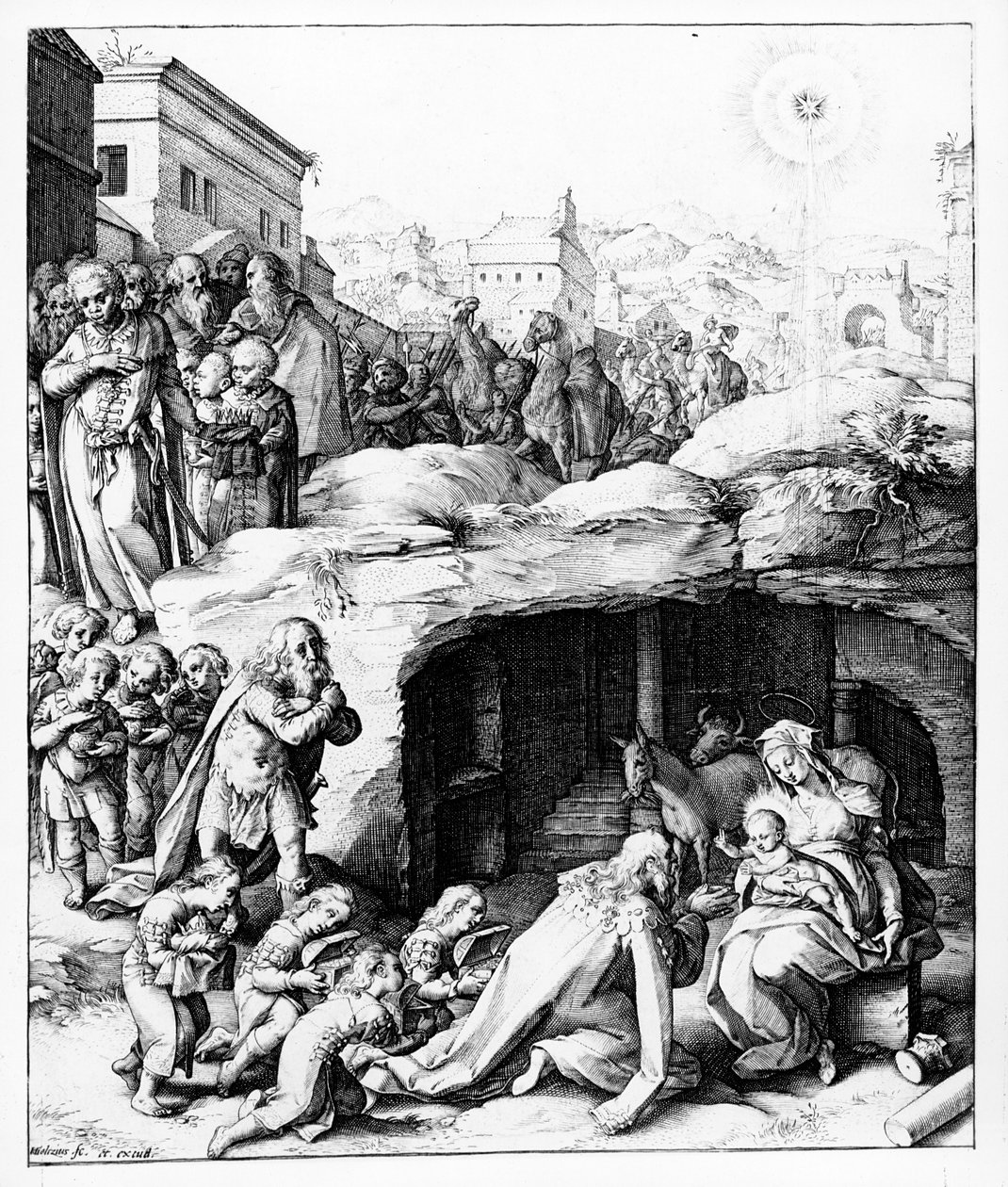 The Adoration of the Magi, kaiverrus Hendrik Goltzius, n. 1585 tekijältä Bernardino Passeri