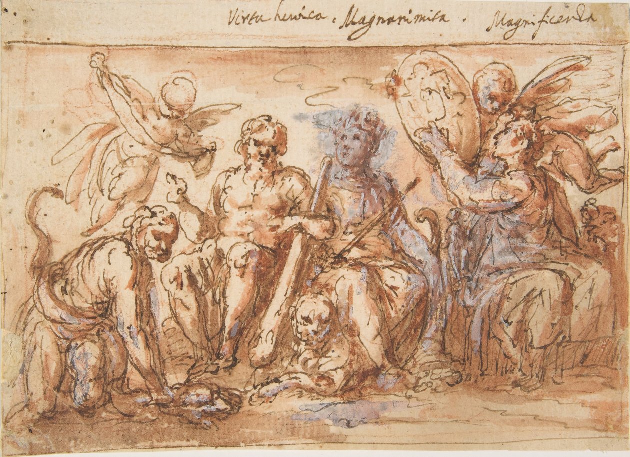 Allegoriset hahmot: Voima, Hercules kuristaa Hydraa, Runsaasti ja Fame, 1600-1650. tekijältä Bernardino Rodriguez