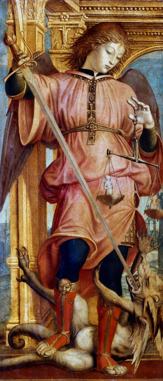 Pyhä arkkienkeli Mikael taistelee lohikäärmettä vastaan miekalla, c1484-1526 tekijältä Bernardino Zenale
