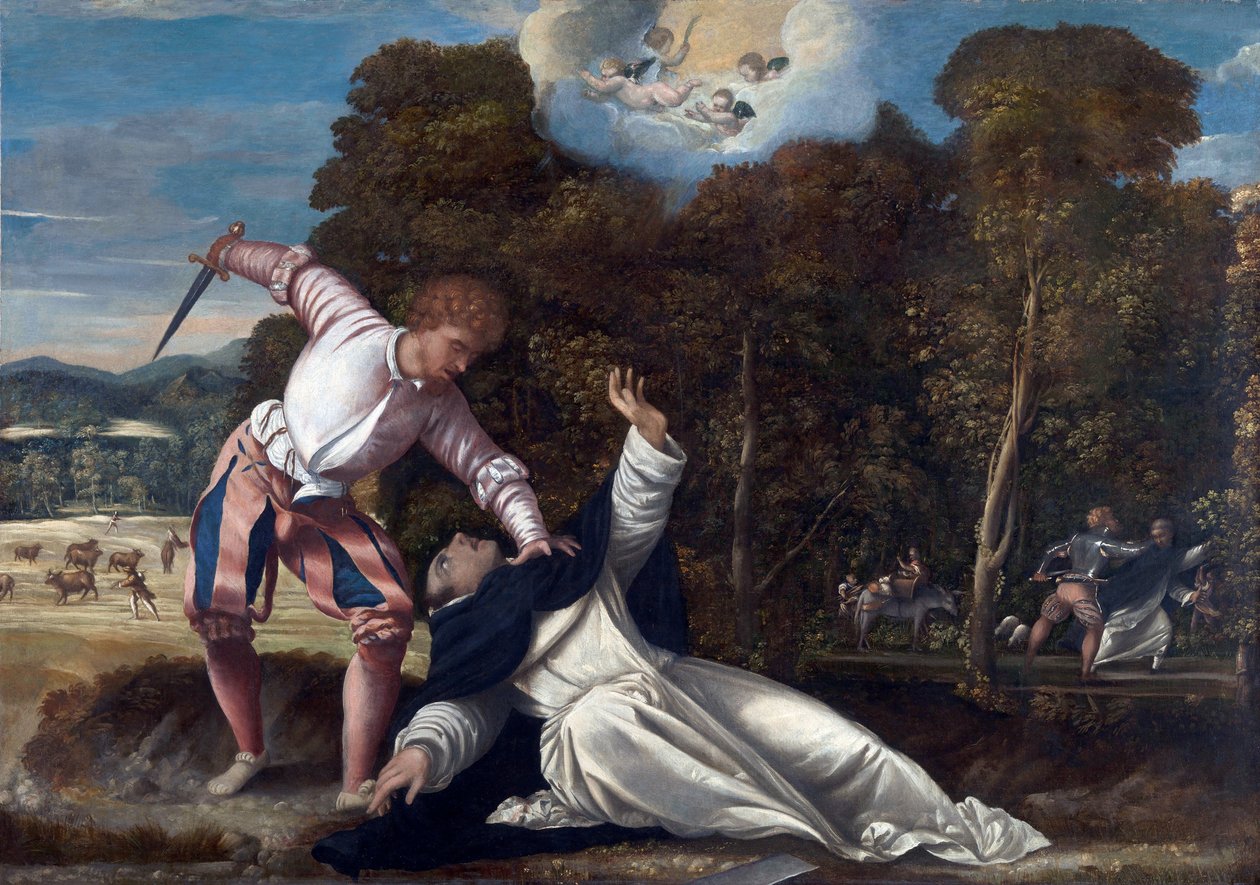 Veronan pyhän Pietarin kuolema - Bernardino da Asolan maalaus (toimii 1525-1550), öljy kankaalle (102x144,8 cm), noin 1540 - (Pietarin marttyyrin kuolema, Bernardino da Asolan öljy kankaalle tekijältä Bernardino da Asola