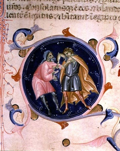 Miniatyyri kahdesta riitelevästä miehestä, Valoisin Kaarle V:n Raamatusta (vellum) tekijältä Bernardino da Modena