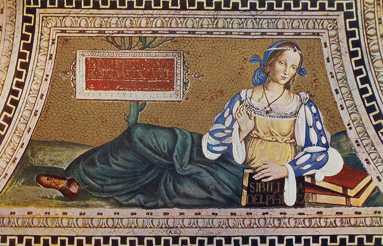 Delphin sibylla, kaiverrus Bernardino Pinturicchion (n. 1452-1513) mosaiikista Santa Maria del Popolon kirkossa Roomassa tekijältä Bernardino di Betto (after) Pinturicchio