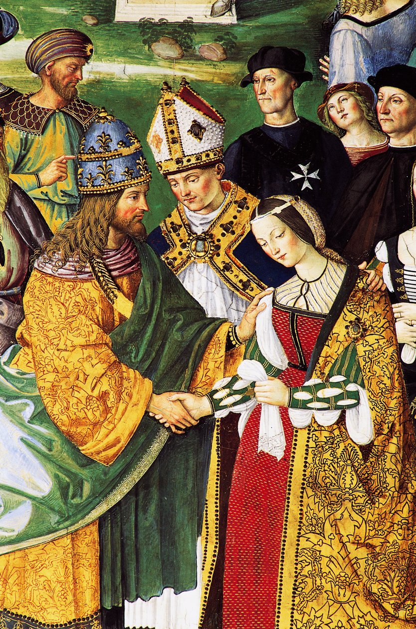 Aeneas Sylvius, Sienan piispa, esittelee keisari Fredrik III:n tulevan vaimonsa Aragonian Eleanorin kanssa tekijältä Bernardino di Betto Pinturicchio
