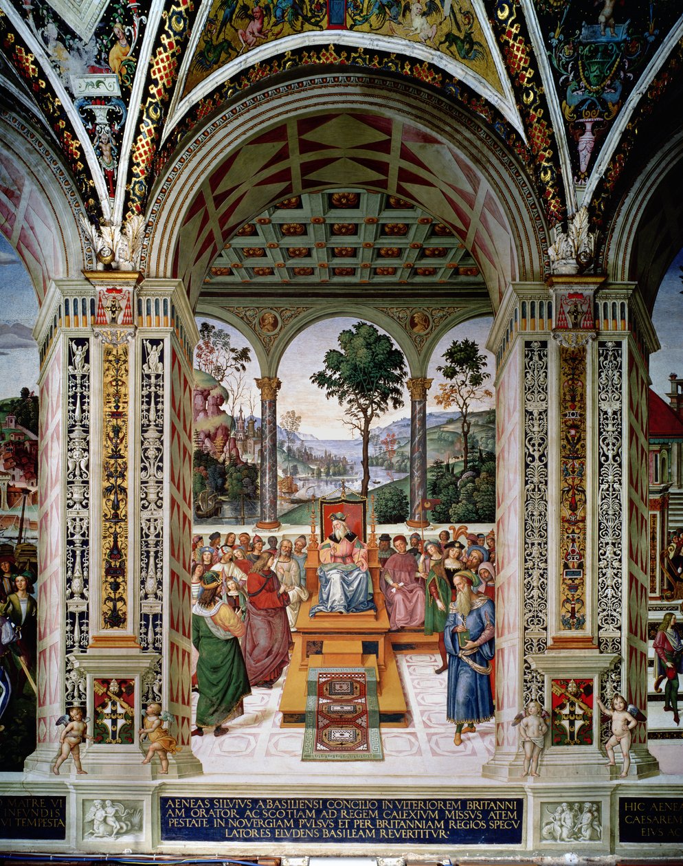 Aeneas Sylvius Piccolomini (1405-64) pitää puheen Skotlannin kuninkaalle James I:lle (1394-1437) vuonna 1435 tekijältä Bernardino di Betto Pinturicchio