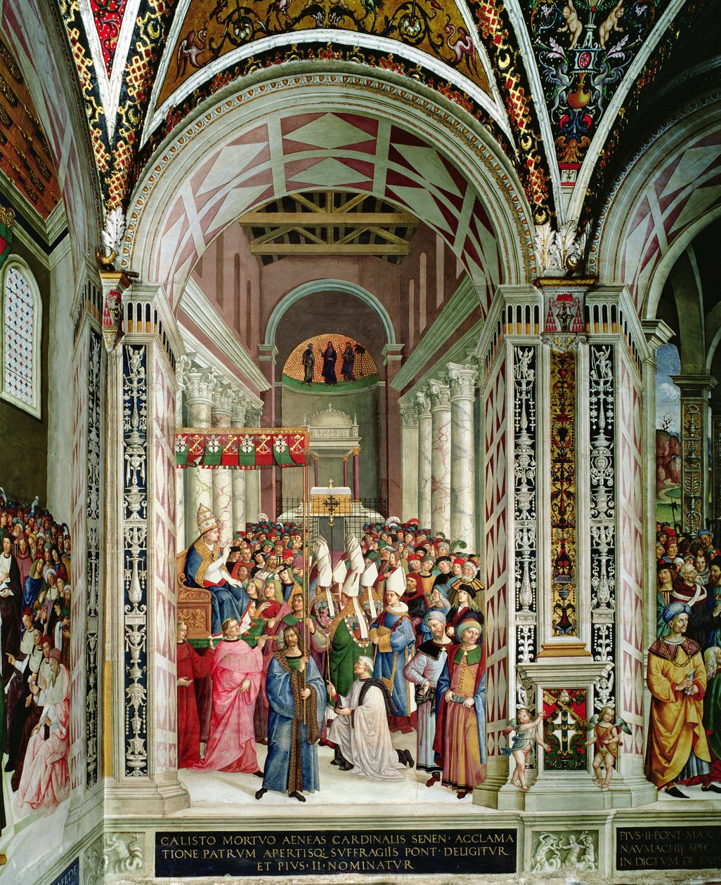 Aeneas Sylvius Piccolomini (1405-64), Pius II:n nimellä valittu paavi, astuu Pyhän Pietarin kirkkoon, 3. syyskuuta 1458 tekijältä Bernardino di Betto Pinturicchio