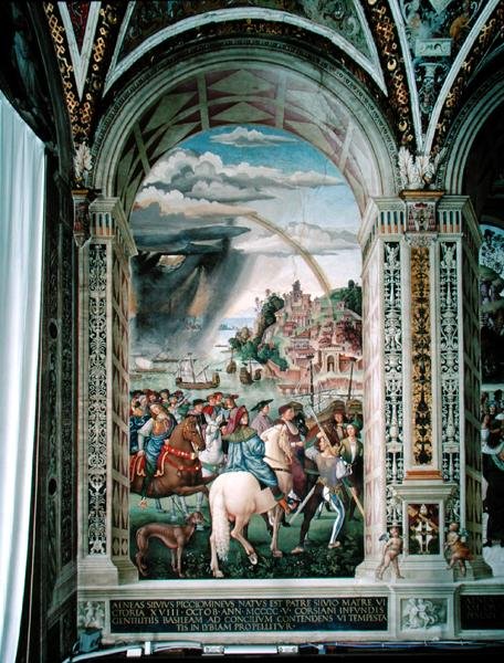 Aeneas Sylvius Piccolomini (1405-64) Matkat Baselin kirkolliskokoukseen talvella 1432 tekijältä Bernardino di Betto Pinturicchio