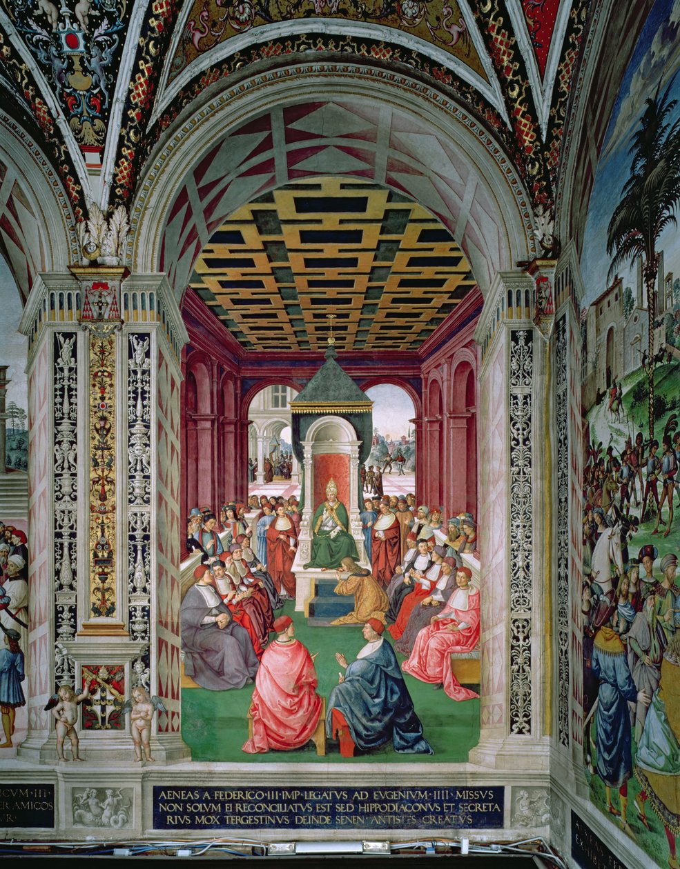 Aeneas Sylvius Piccolomini (1405-64) tekee alistumisen paavi Eugenius IV:lle (1383-1447) 7. helmikuuta tekijältä Bernardino di Betto Pinturicchio