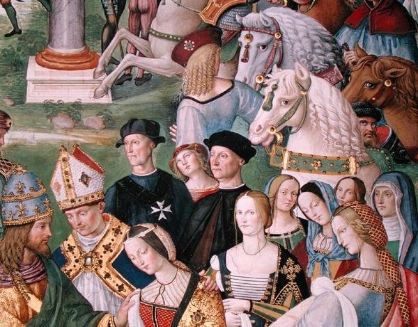 Aeneas Sylvius Piccolomini (1405-64) esittää Aragonian Eleonoran Frederick III:lle (1415-93) 24. helmikuuta 1452 (fresko) (yksityiskohta) tekijältä Bernardino di Betto Pinturicchio
