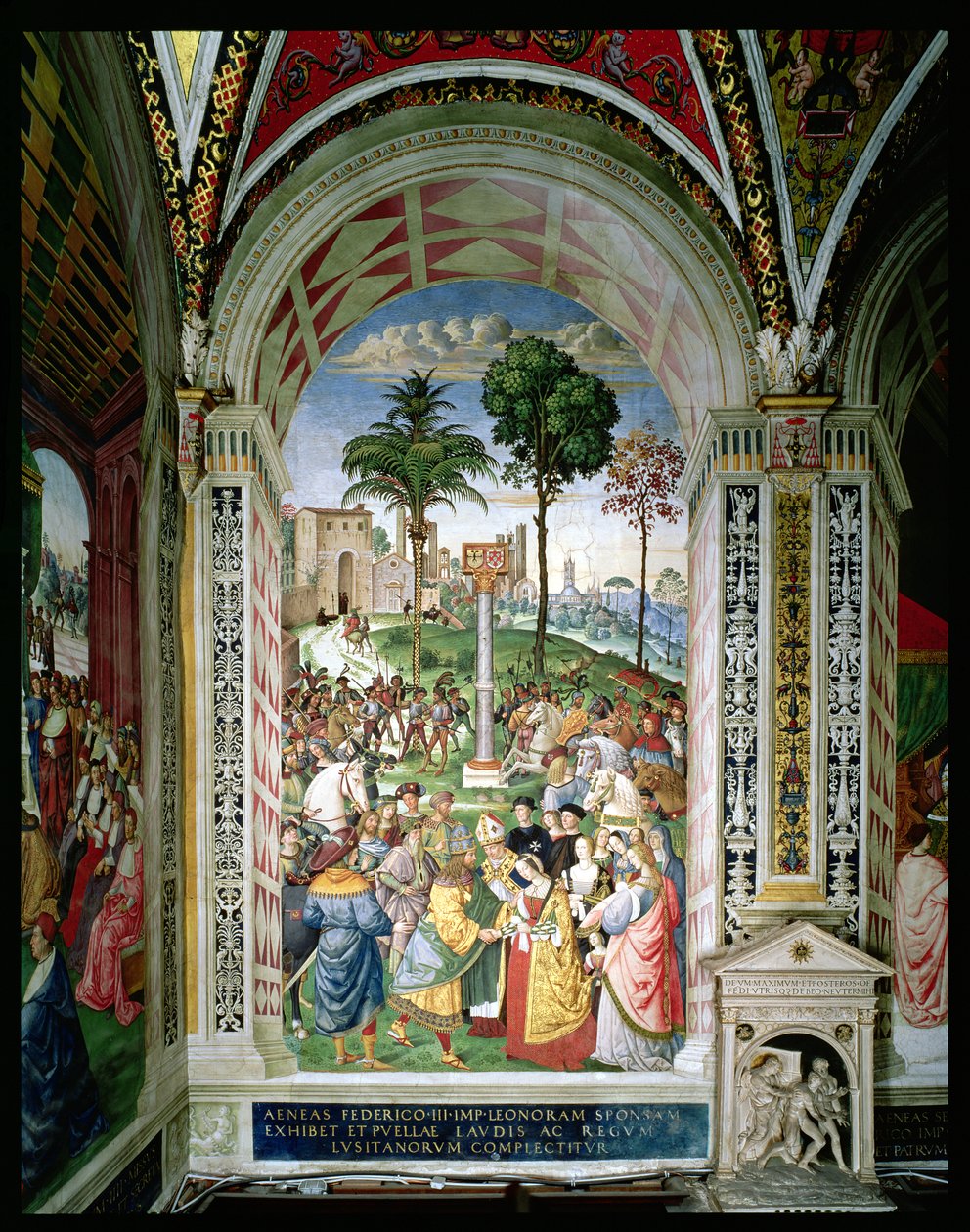 Aeneas Sylvius Piccolomini (1405-64) lahjoittaa Aragonian Eleonoran Frederick III:lle (1415-93) 24. helmikuuta 1452 (fresko) tekijältä Bernardino di Betto Pinturicchio
