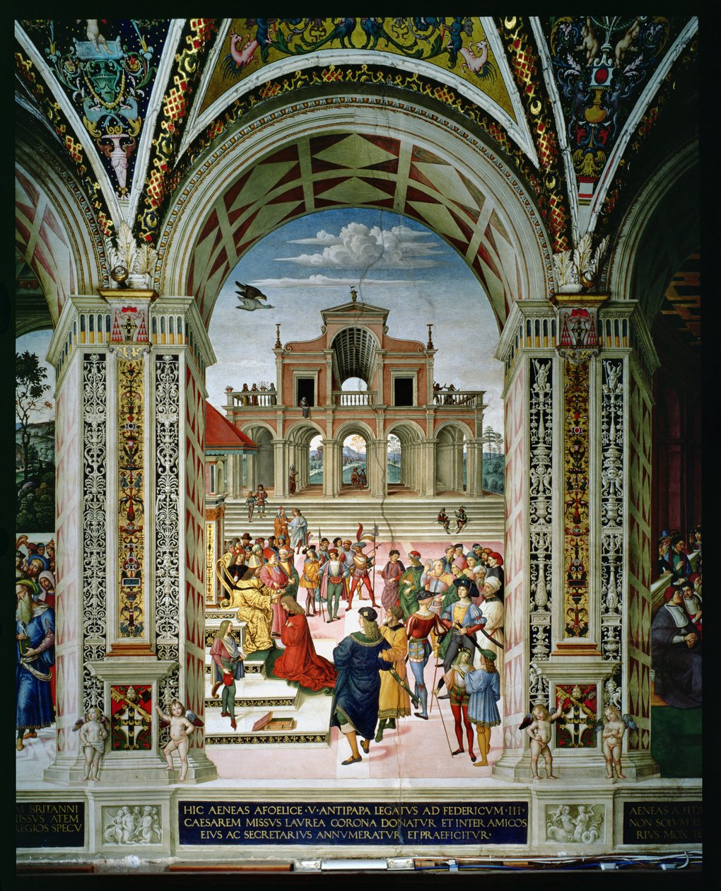 Aeneas Sylvius Piccolomini (1405-64) on Fredrik III:n (1415-93) kruunattu runoilijapalkinto vuonna 1442. tekijältä Bernardino di Betto Pinturicchio