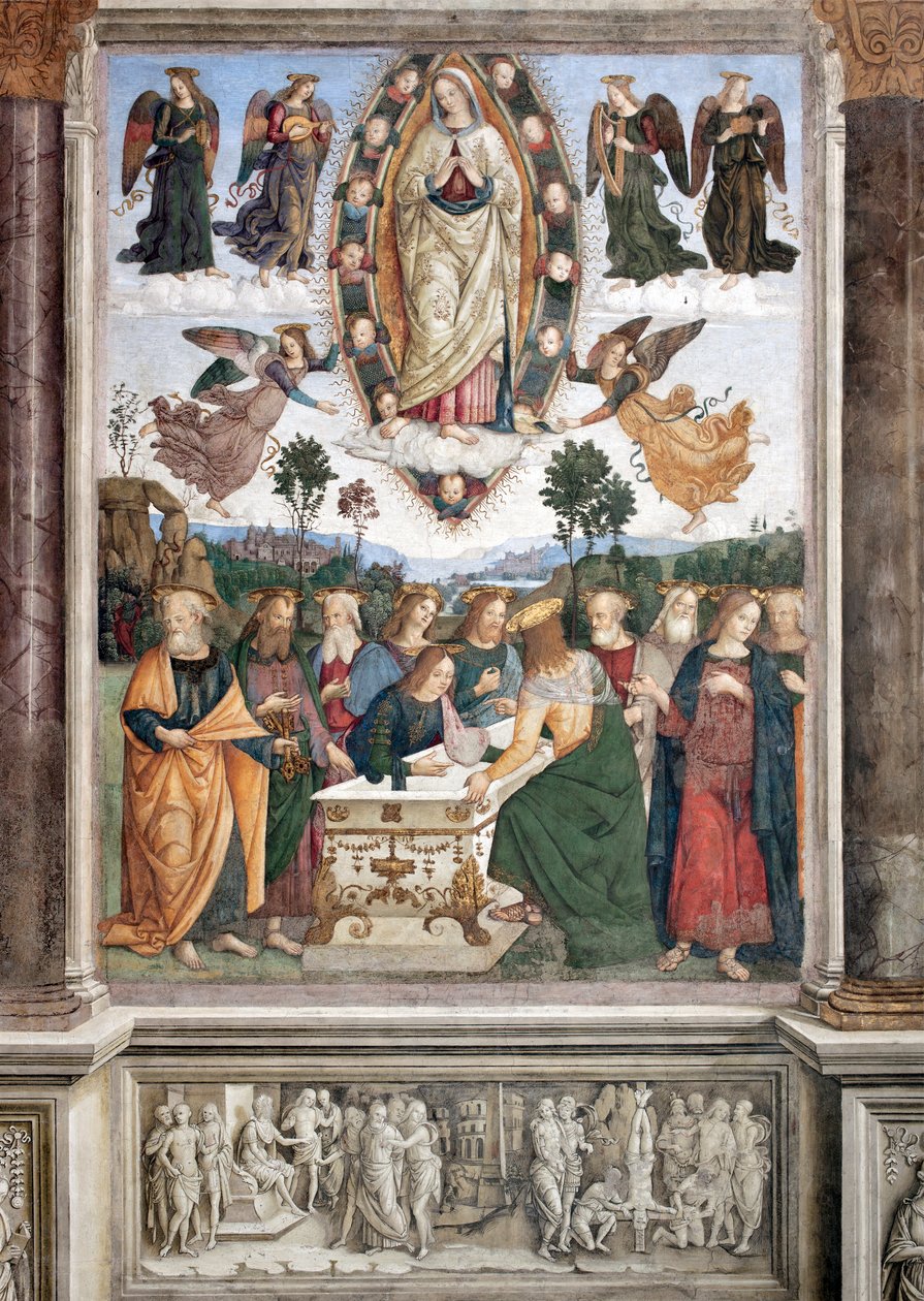 Neitsyt taivaaseenastuminen - Neitsyt on esitetty mandorlassa - Fresko Pinturicchio (Bernardino di Betto) (1454-1513) 1484-1492 Rooma, Basilica di Santa Maria del Popolo (Santa Maria del Popolon kirkko), Kappeli Basso della Rovere Italia tekijältä Bernardino di Betto Pinturicchio