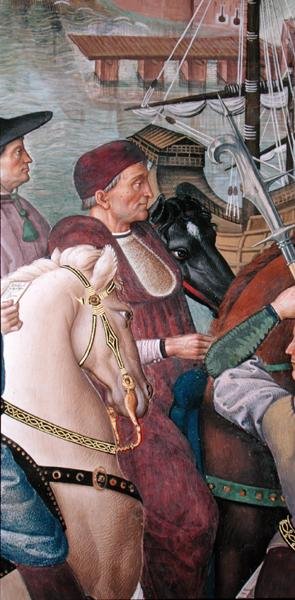 Kardinaali Domenico Capranica, yksityiskohta "Aeneas Sylvius Piccolomini (1405-64) Matkat Baselin kirkolliskokoukseen talvella 1432" tekijältä Bernardino di Betto Pinturicchio