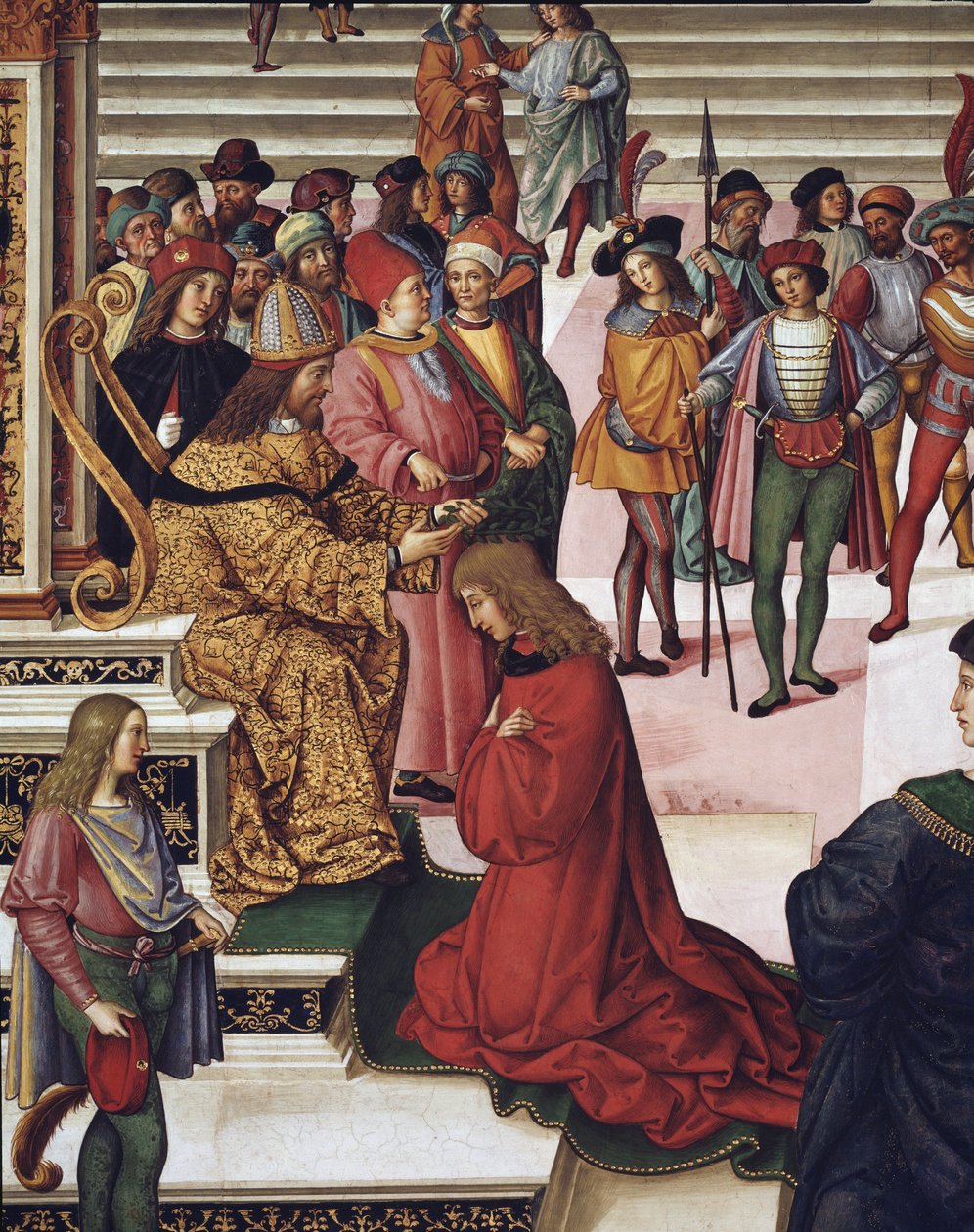 Keisari Fredrik III kruunasi Enea Silvio Piccolominin (Pius II) lyhytrunoilijaksi. Yksityiskohta - Tuore tekijältä Bernardino di Betto Pinturicchio
