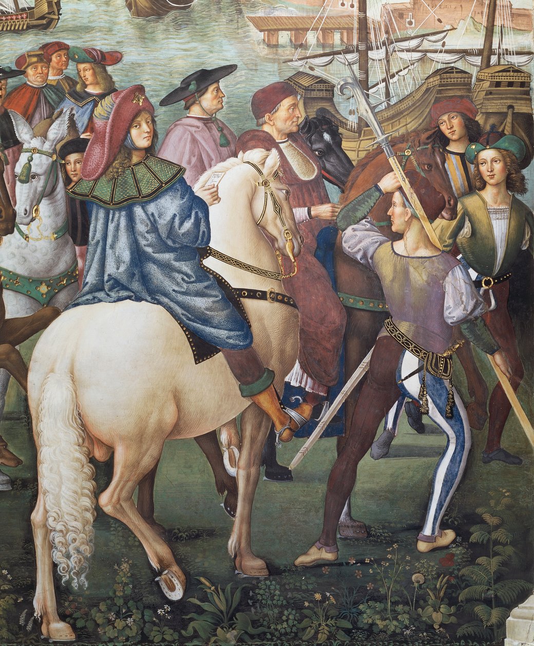 Enea Silvio Piccolomini lähdössä Baseliin Ferraran piispan sihteerinä, yksityiskohta Pius II:n tarinoista tekijältä Bernardino di Betto Pinturicchio