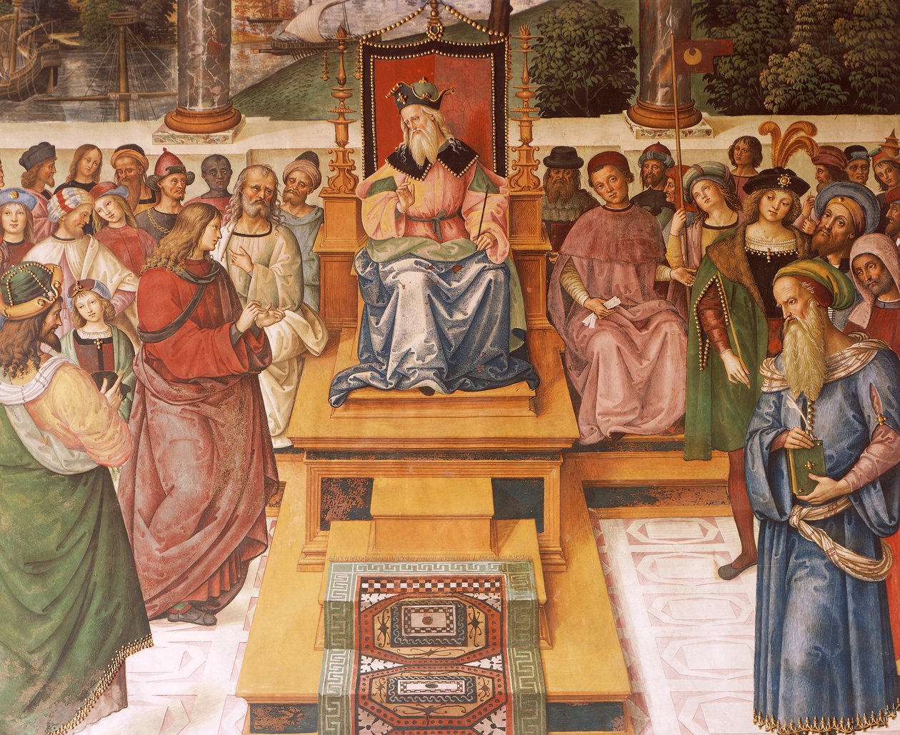 Enea Silvio Piccolomini tapaa Skotlannin kuninkaan James I:n, yksityiskohta Pius II:n tarinoista tekijältä Bernardino di Betto Pinturicchio