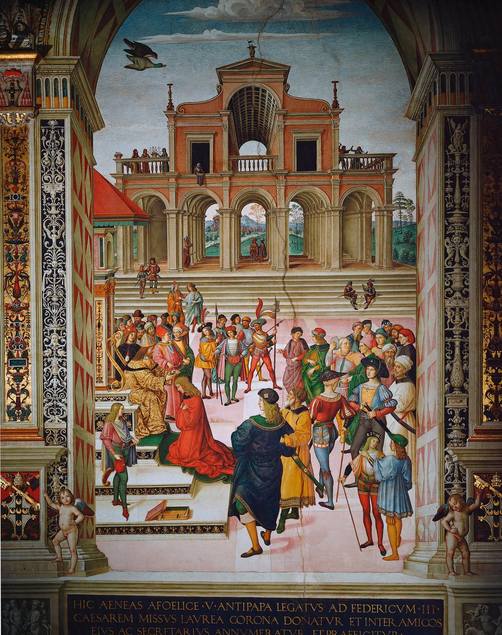 Enea Silvio kruunattiin keisari Frederic III:n runoilijaksi, Siena, Duomo, Piccolomini-kirjasto tekijältä Bernardino di Betto Pinturicchio