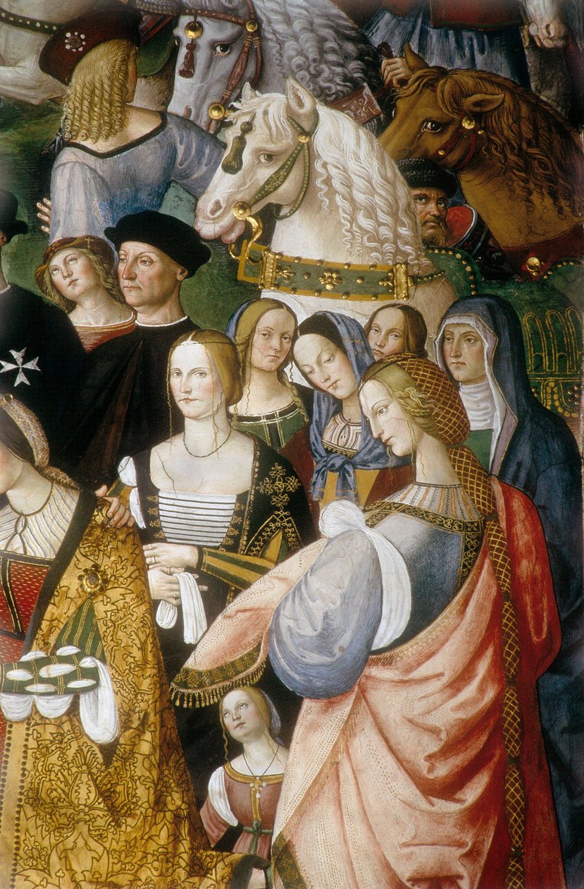 Enee Silvio Piccolomini esittelee Portugalin Eleonoren Pyhän Imperiumin keisarille Frederick III:lle Camollia-portilla Sienassa”, yksityiskohta (fresko) tekijältä Bernardino di Betto Pinturicchio