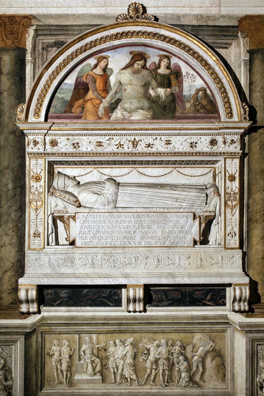 Hautausmuistomerkki Giovanni Basso della Roveren (1403-1483) kunniaksi - Ylös "Kahden enkelin tukema kuollut Kristus" (Kahden enkelin tukema kuollut kristus) - Pinturicchio (Bernardino di Betto) fresko (1454-1513) 1484- 1492 Rooma, Santa Ma basilika tekijältä Bernardino di Betto Pinturicchio