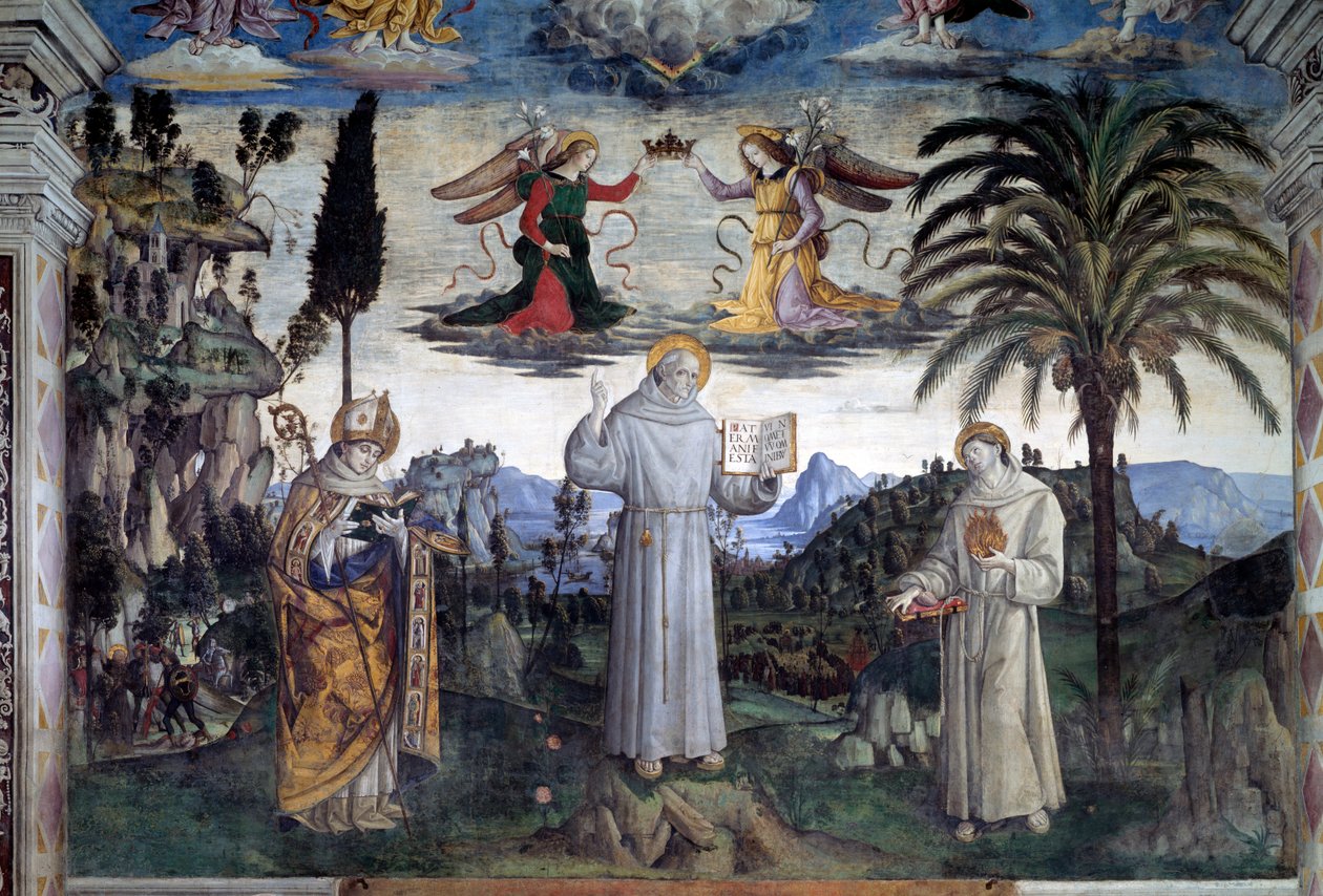 Sienan Bernardinon kunnia. Yksityiskohta Saint Louis Anjoulaisen ja Pyhän Anthony Padovalaisen välillä (Fresko, n. 1486) tekijältä Bernardino di Betto Pinturicchio