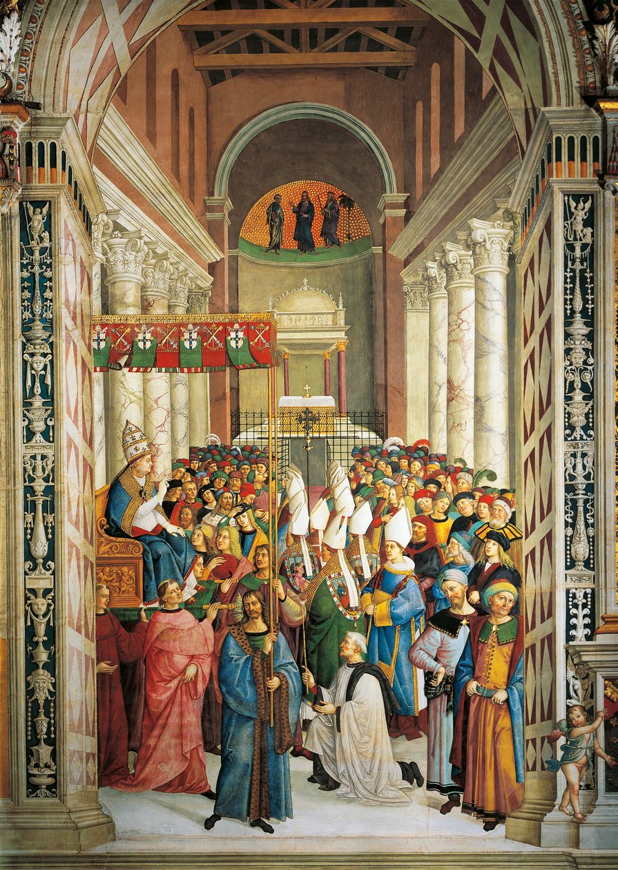 Italia, Siena, katedraali, Piccolomini-kirjasto, paavi Pius II:n kruunaus, yksityiskohta Pius II:n tarinoista tekijältä Bernardino di Betto Pinturicchio