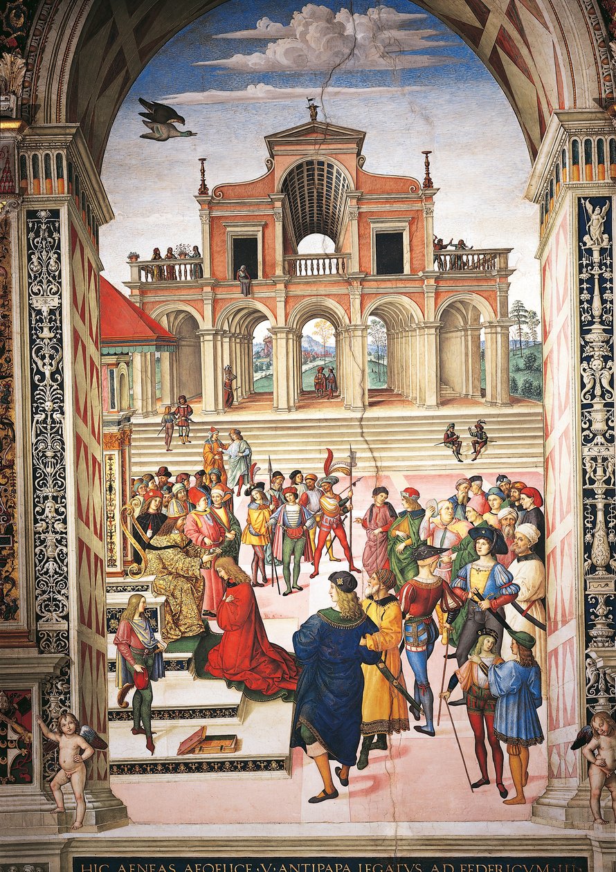 Italia, Siena, katedraali, Piccolominin kirjasto, Enea Silvio Piccolominista keisari Fredrik III tekee runoilijapalkinnon, yksityiskohta Pius II:n tarinoista tekijältä Bernardino di Betto Pinturicchio