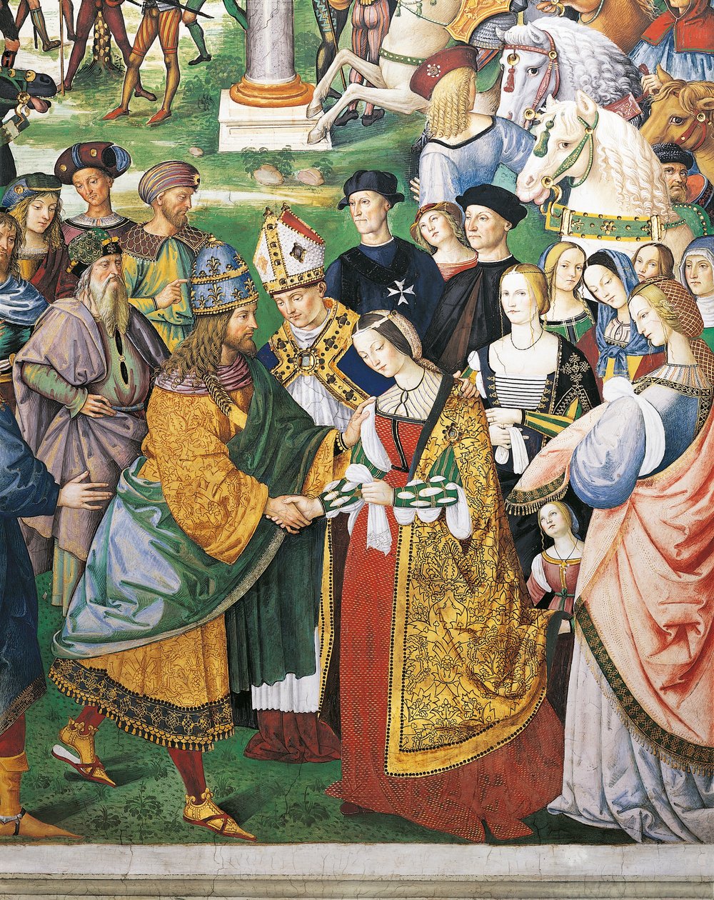 Italia, Siena, katedraali, Piccolominin kirjasto, Enea Silvio Piccolomini, Sienan piispa Fredrik III:n ja Eleanorin Aragonian kruunajaisissa, yksityiskohta Pius II:n tarinoista tekijältä Bernardino di Betto Pinturicchio