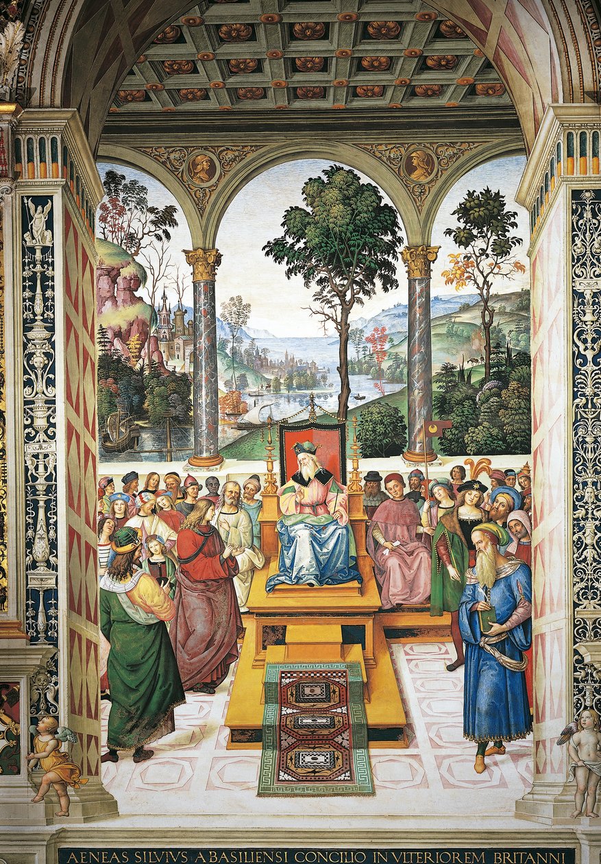 Italia, Siena, katedraali, Piccolomini-kirjasto, Enea Silvio Piccolomini pitämässä puhetta Skotlannin kuninkaalle James I:lle, yksityiskohta Pius II:n tarinoista tekijältä Bernardino di Betto Pinturicchio