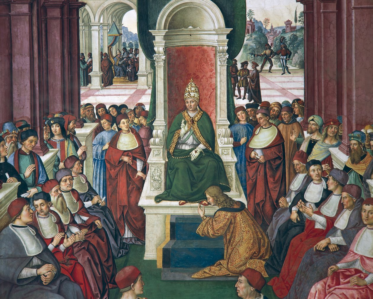 Italia, Siena, katedraali, Piccolomini-kirjasto, Enea Silvio Piccolomini alistumassa paavi Eugenius IV:lle, yksityiskohta Pius II:n tarinoista tekijältä Bernardino di Betto Pinturicchio