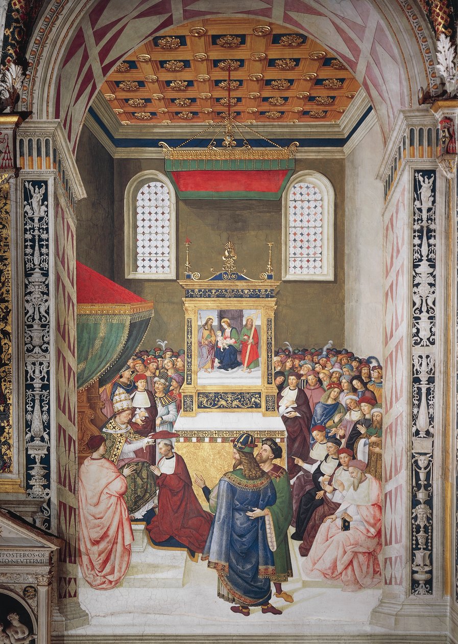 Italia, Siena, katedraali, Piccolomini-kirjasto, Enea Silvio Piccolomini saa kardinaalihatun Calixtus III:lta, yksityiskohta Pius II:n tarinoista tekijältä Bernardino di Betto Pinturicchio