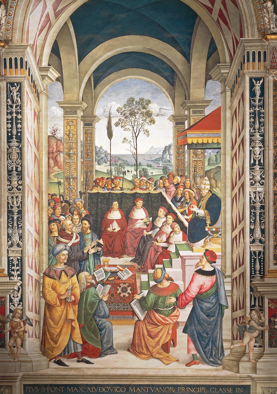 Italia, Siena, katedraali, Piccolomini-kirjasto, Pius II kokoontui Mantovaan ruokavalioon, joka järjestettiin suunnittelemaan ristiretkeä turkkilaisia vastaan, yksityiskohta Pius II:n tarinoista tekijältä Bernardino di Betto Pinturicchio