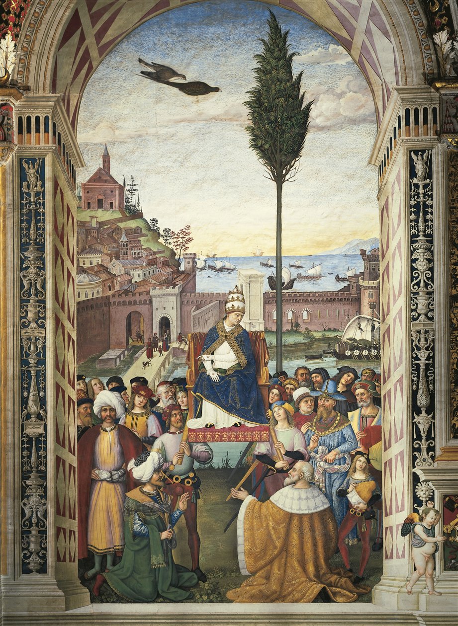Italia, Siena, katedraali, Piccolomini-kirjasto, Pius II:n tarinat: Pius II saapuu Anconaan nopeuttamaan ristiretkeä tekijältä Bernardino di Betto Pinturicchio