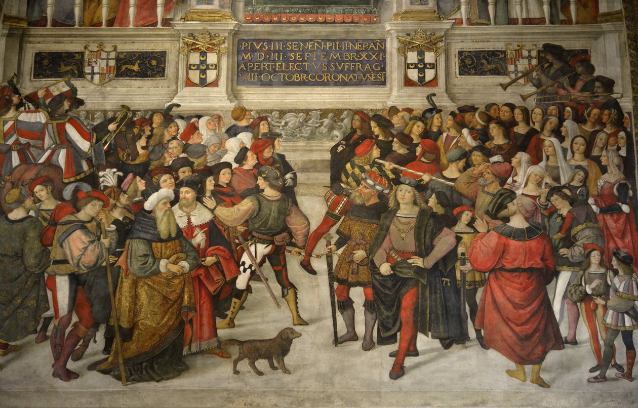 Italia Toscana Siena, katedraali Duomo: Pius II:n kruunaus (1405-1464) tekijältä Bernardino di Betto Pinturicchio