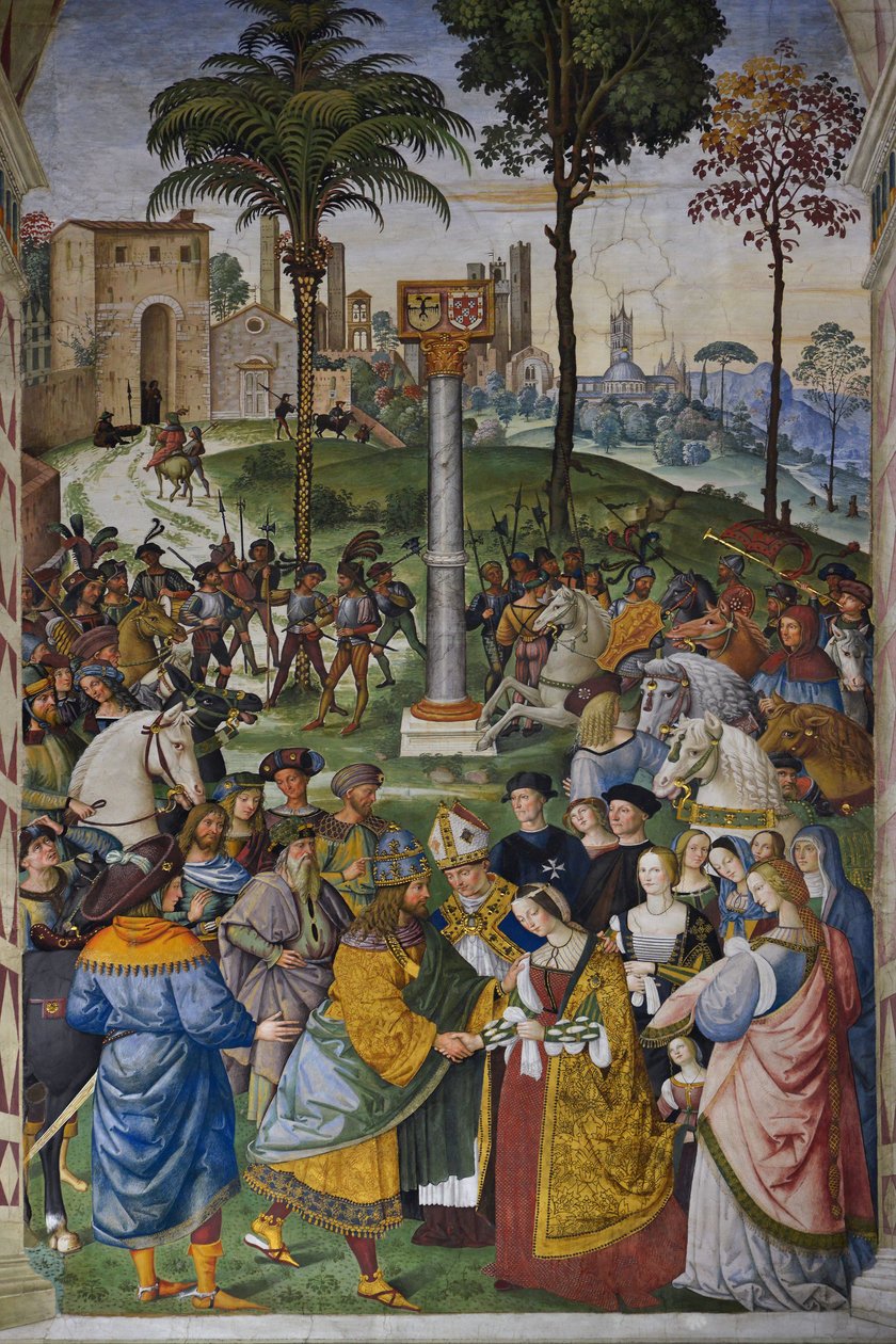 Italia Toscana Siena, Cathedrale Duomo: Piccolomini-kirjasto - Frederic III:n (Frederic V of Habsburg) tapaaminen tekijältä Bernardino di Betto Pinturicchio