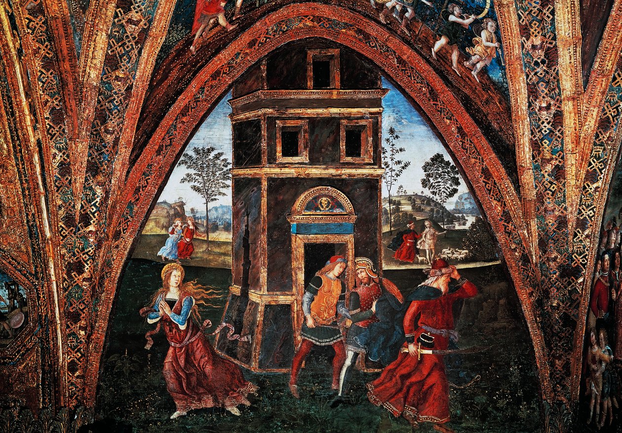 Pyhän Barbaran marttyyrikuolema, Bernardino Pinturicchio (n. 1452-1513), fresko, Pyhien sali, Borgia Apartments, Apostolinen palatsi, Vatikaani, Italia. tekijältä Bernardino di Betto Pinturicchio