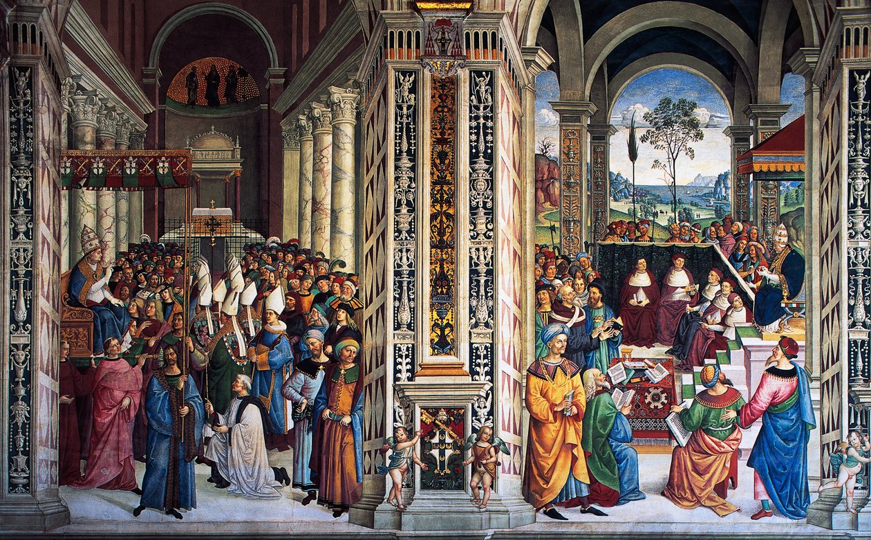Pius II saapuu Anconaan aloittamaan ristiretken (1500-luku), Pinturicchion fresko (1452-1513), Piccolomini-kirjasto, Sienan katedraali, Toscana, Italia tekijältä Bernardino di Betto Pinturicchio