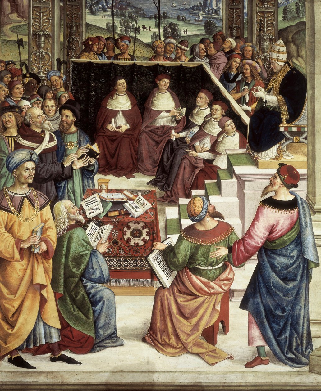 Pius II kokoontui Mantovaan ruokavalioon, joka järjestettiin suunnittelemaan ristiretkeä turkkilaisia vastaan, yksityiskohta Pius II:n tarinoista tekijältä Bernardino di Betto Pinturicchio