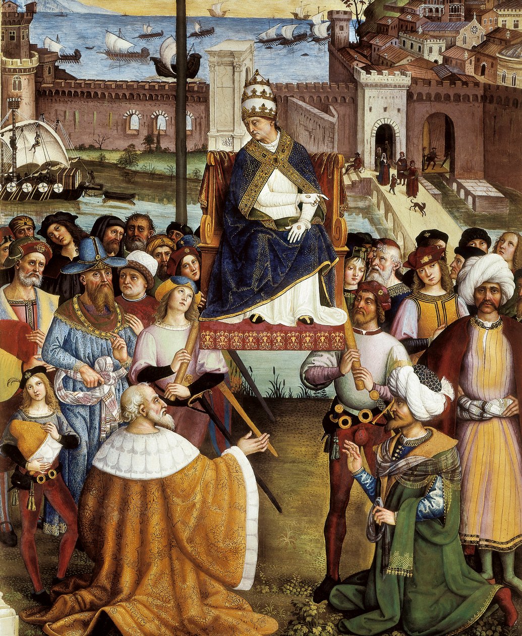 Paavi Pio (Pius) II siunaa laivastoja ennen lähtöä Anconasta Pyhään maahan 15. elokuuta 1464, yksityiskohta tekijältä Bernardino di Betto Pinturicchio