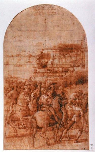 Valmisteleva sarjakuva "Aeneas Sylvius Piccolomini (1405-64) Matkat Baselin neuvostoon" (kynä ja muste paperille) tekijältä Bernardino di Betto Pinturicchio
