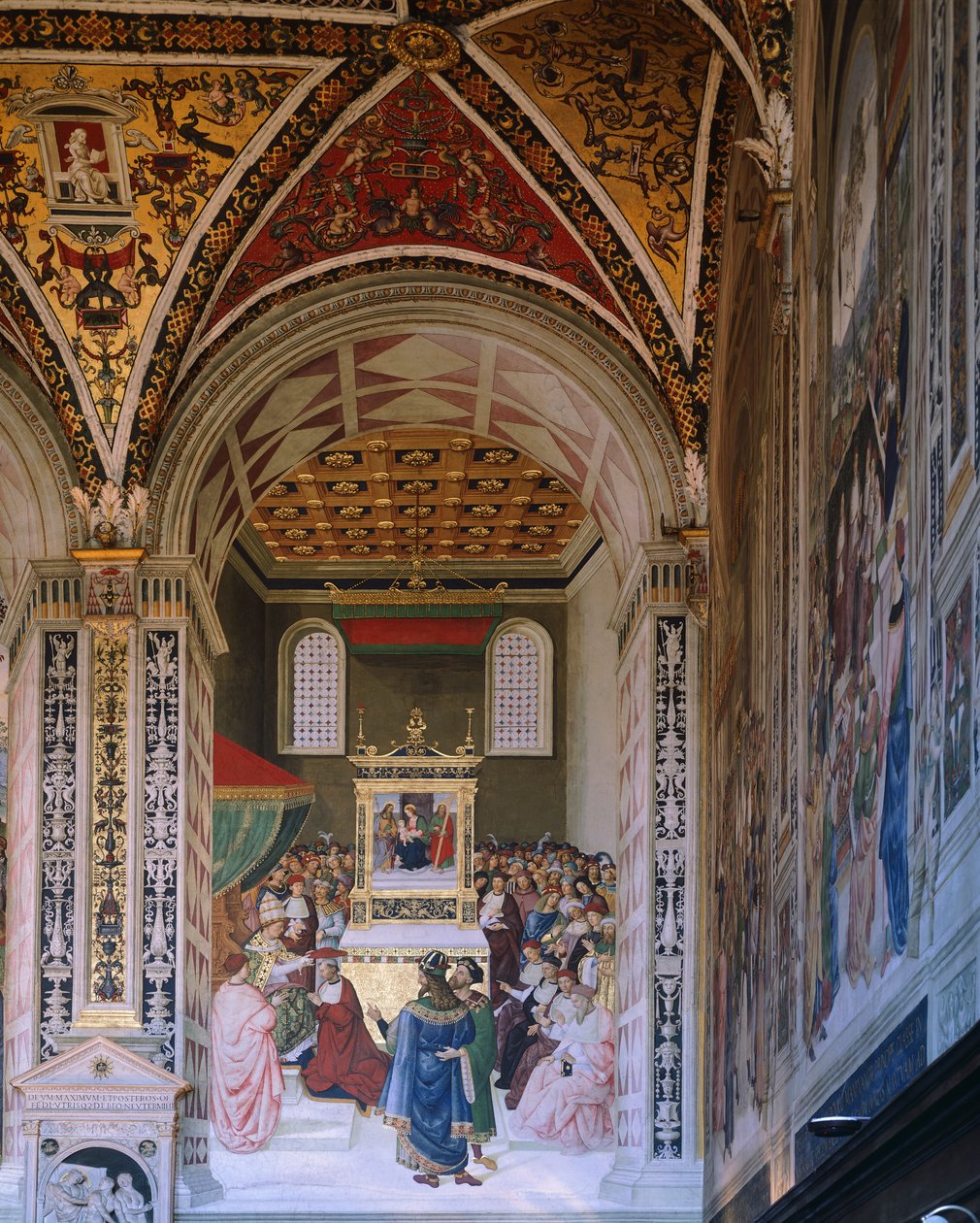 Tarinoita Pius II:sta: Bernardino Pinturicchio (noin 1452-1513) valitsi Piccolominin kardinaaliksi, Piccolominin kirjasto, Sienan katedraali tekijältä Bernardino di Betto Pinturicchio