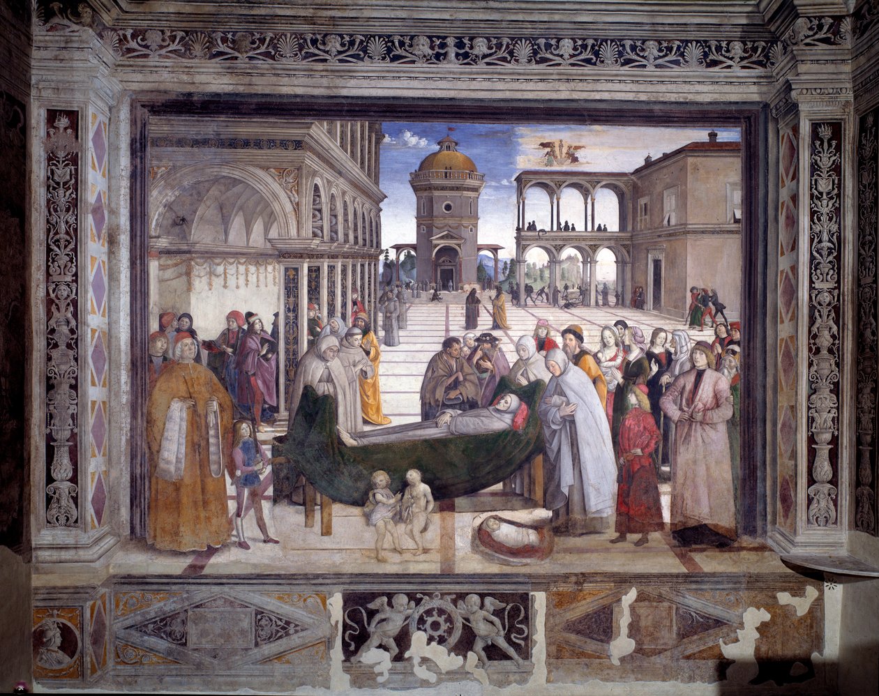Tarina pyhä Bernardinista, pyhimyksen kuolemasta (Fresko, n. 1486) tekijältä Bernardino di Betto Pinturicchio