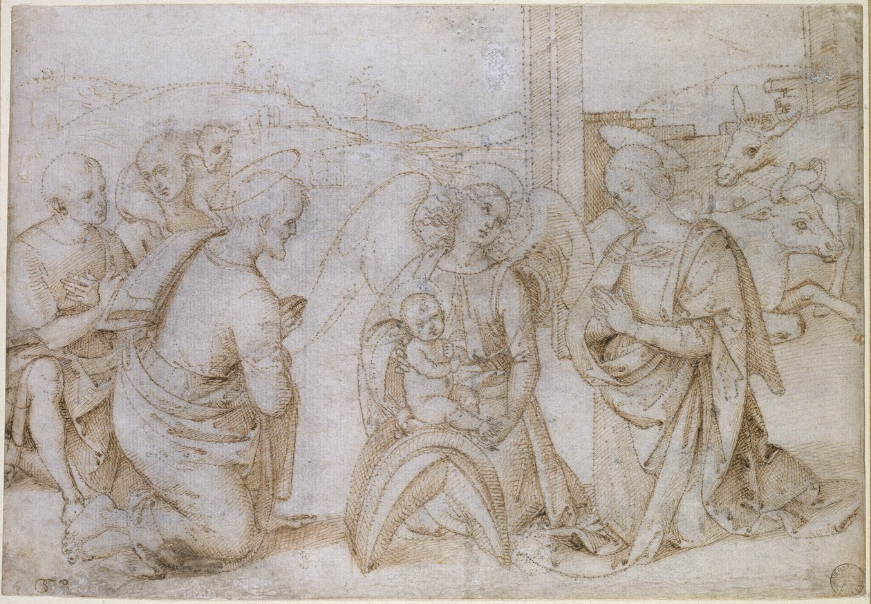The Adoration of the Shepherds, WA1855.90 (kynä ja ruskea muste luonnonvalkoiselle paperille, pistetty siirtoa varten) tekijältä Bernardino di Betto Pinturicchio