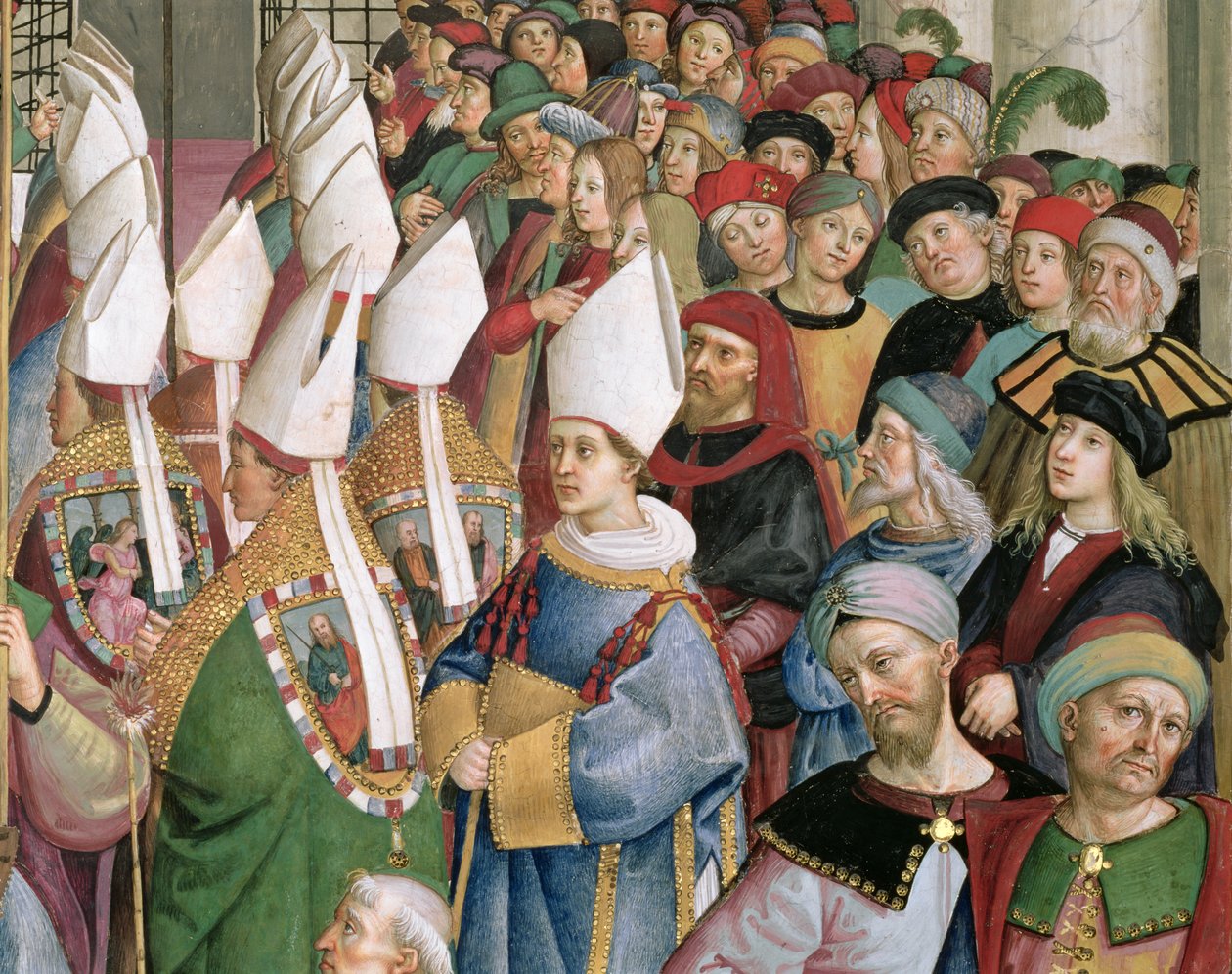 Cardinals käsittelee maallisten katsojien joukkoa, yksityiskohta "Aeneas Sylvius Piccolomini (1405-1464), joka valittiin paaviksi nimeltä Pius II, saapuu Pyhän Pietarin kirkkoon", 3. syyskuuta 1458 tekijältä Bernardino di Betto Pinturicchio