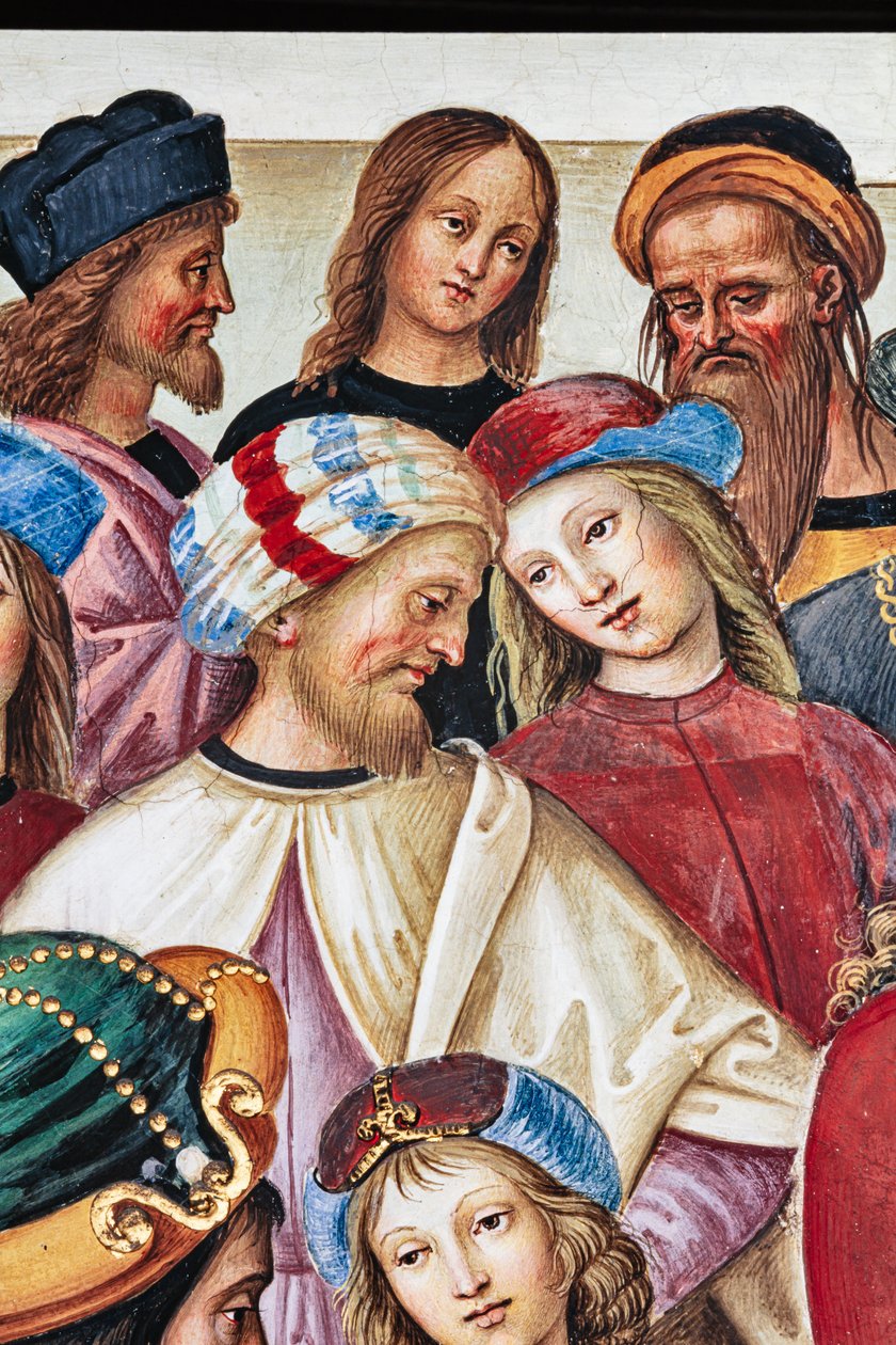 Piccolomini-kirjasto, koillisseinä: "Aeneas Sylvius pitää puheen Skotlannin kuninkaalle James I:lle, talvi 1435" tekijältä Bernardino di Betto Pinturicchio