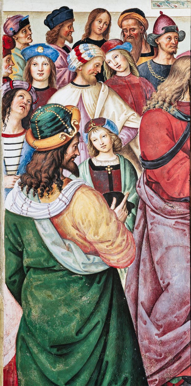 Piccolomini-kirjasto, koillisseinä: "Aeneas Sylvius pitää puheen Skotlannin kuninkaalle James I:lle, talvi 1435" tekijältä Bernardino di Betto Pinturicchio