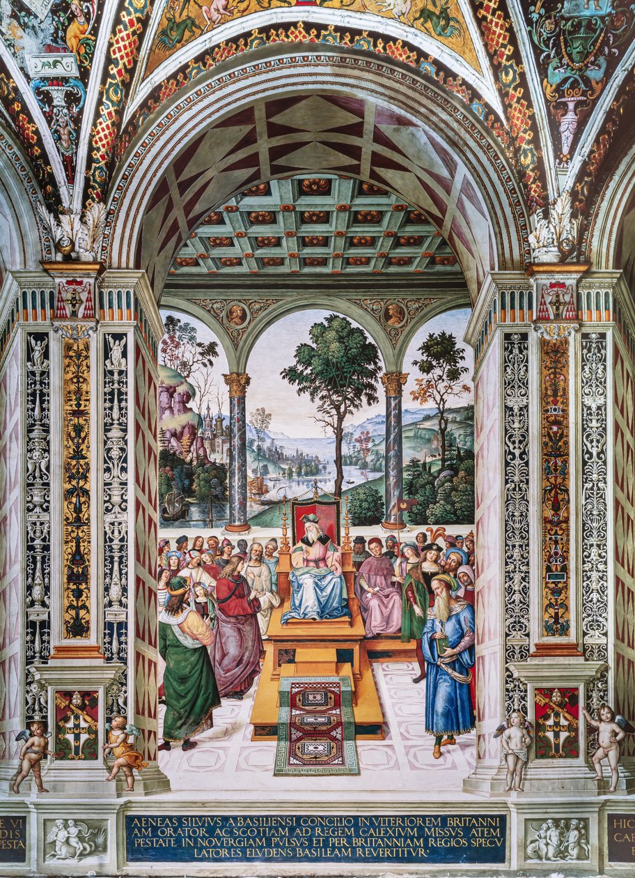 Piccolomini-kirjasto, koillisseinä: "Aeneas Sylvius pitää puheen Skotlannin kuninkaalle James I:lle, talvi 1435" tekijältä Bernardino di Betto Pinturicchio