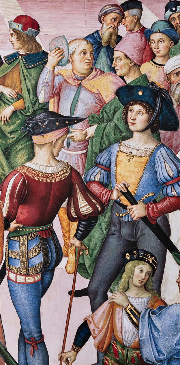 Piccolomini-kirjasto, koillisseinä: "Keisari Frrederick III kruunasi Aeneas Sylviuksen runoilijapalkinnon saajaksi, 27. heinäkuuta tekijältä Bernardino di Betto Pinturicchio