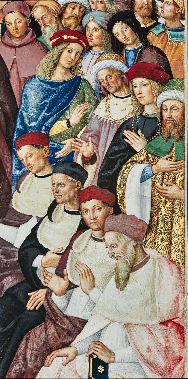 Piccolomini-kirjasto, kaakkoiseinä: "Aeneas Sylvius vastaanottaa kardinaalin hatun paavi Calixtus III:lta 17. joulukuuta tekijältä Bernardino di Betto Pinturicchio